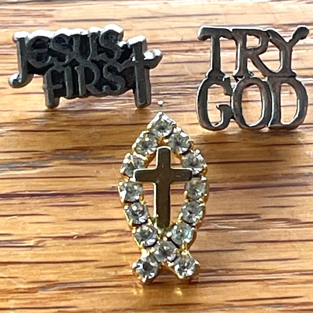 Lot 3 Christian Faith Lapel Pins Jesus First Try God Cross Rhinestone Pin